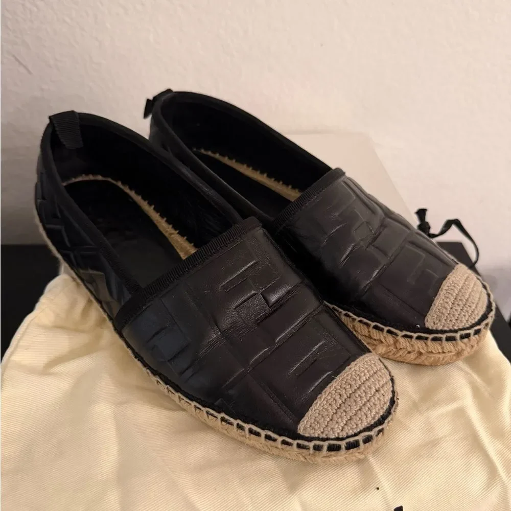 Fendi Black Leather FF Espadrille Flats Logo Jute Sole Size 36